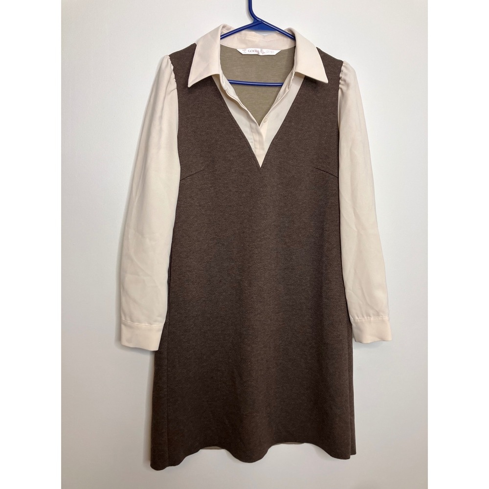 Goelia Layered Mini Dress Womens S Brown Excellent Herringbone V-Neck Preppy